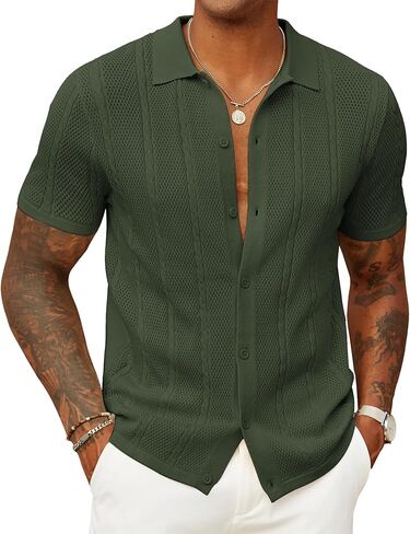 COOFANDY Mens Knit Button Down Shirts Casual Textured Polo Shirt Short Sleeve Vintage Summer Beach Tops in Saudi Arabia