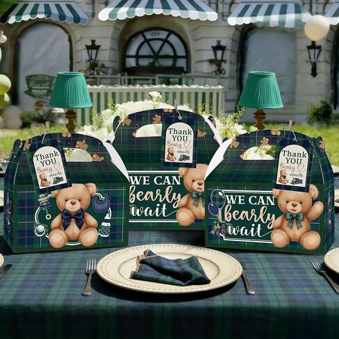 READIGO 12PCS Vintage We Can Bearly Wait Party Boxes, Green Plaid Teddy Bear Gift Treat Boxes for Birthday, Baby Shower, Gender Reveal Party Decoration in Saudi Arabia