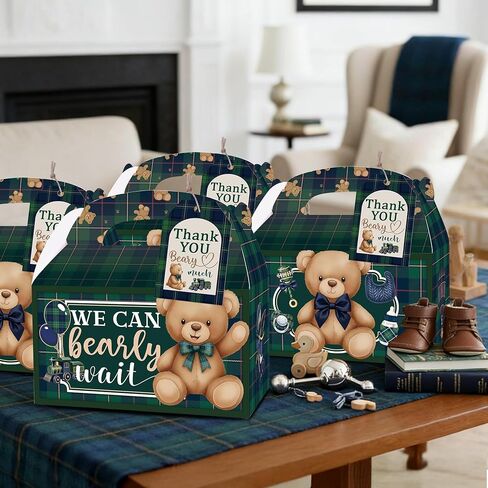 READIGO 12PCS Vintage We Can Bearly Wait Party Boxes, Green Plaid Teddy Bear Gift Treat Boxes for Birthday, Baby Shower, Gender Reveal Party Decoration in Saudi Arabia