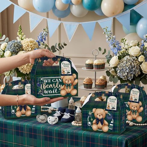 READIGO 12PCS Vintage We Can Bearly Wait Party Boxes, Green Plaid Teddy Bear Gift Treat Boxes for Birthday, Baby Shower, Gender Reveal Party Decoration in Saudi Arabia
