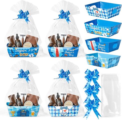 OSNIE Father's Day Empty Gift Baskets Kit for Dad - 24 Sets Happy Father’s Day Blue Basket for Gifts Empty with Cellophane Basket Bags and Ribbons Bows for Anniversary Party Birthday Holiday Business in Saudi Arabia
