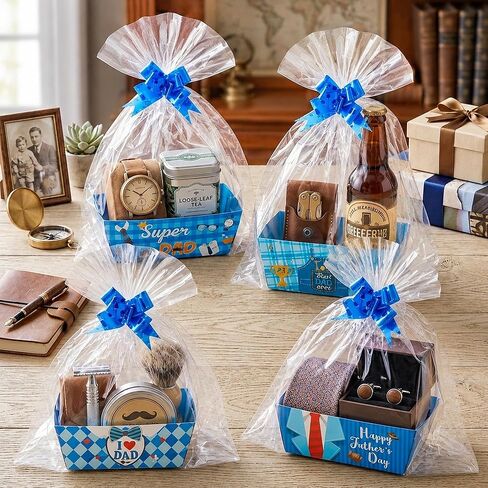OSNIE Father's Day Empty Gift Baskets Kit for Dad - 24 Sets Happy Father’s Day Blue Basket for Gifts Empty with Cellophane Basket Bags and Ribbons Bows for Anniversary Party Birthday Holiday Business in Saudi Arabia
