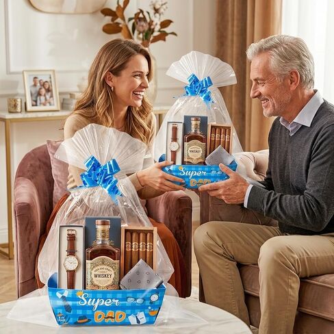 OSNIE Father's Day Empty Gift Baskets Kit for Dad - 24 Sets Happy Father’s Day Blue Basket for Gifts Empty with Cellophane Basket Bags and Ribbons Bows for Anniversary Party Birthday Holiday Business in Saudi Arabia