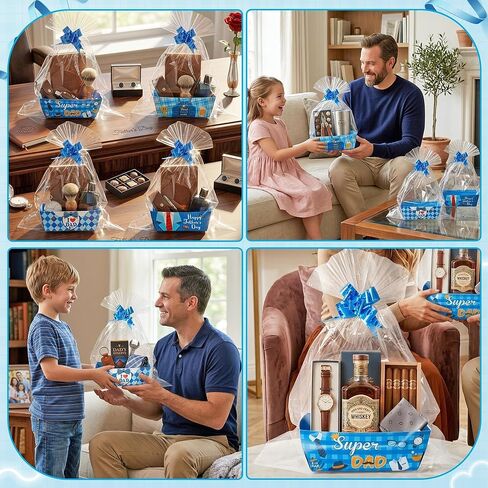OSNIE Father's Day Empty Gift Baskets Kit for Dad - 24 Sets Happy Father’s Day Blue Basket for Gifts Empty with Cellophane Basket Bags and Ribbons Bows for Anniversary Party Birthday Holiday Business in Saudi Arabia
