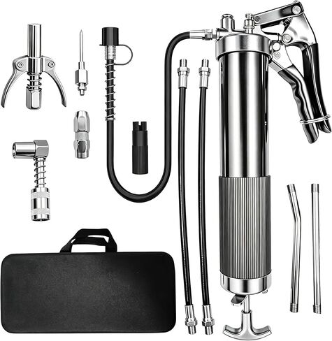 Heavy-duty handheld grease gun set, 14 oz capacity, equipped with a spring hose, 90° grease nozzle, dual-handle locking pliers, and other accessories, suitable for machinery, automobiles, and boats. in Kuwait