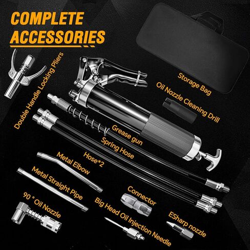 Heavy-duty handheld grease gun set, 14 oz capacity, equipped with a spring hose, 90° grease nozzle, dual-handle locking pliers, and other accessories, suitable for machinery, automobiles, and boats. in Kuwait