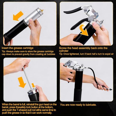 Heavy-duty handheld grease gun set, 14 oz capacity, equipped with a spring hose, 90° grease nozzle, dual-handle locking pliers, and other accessories, suitable for machinery, automobiles, and boats. in Kuwait