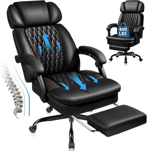 PRETZI Executive Office Chair 400LBS, Ergonomic Office Chair with Foot Rest, Heavy Duty Desk Chair for Home Office, Reclining High Back PU Leather Computer Chair Comfy, Black in Saudi Arabia