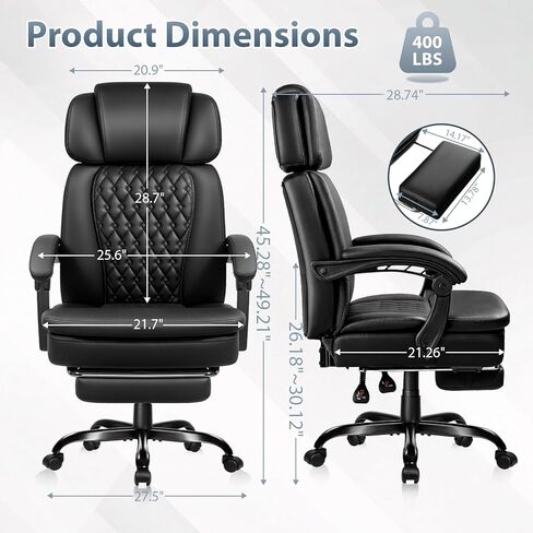 PRETZI Executive Office Chair 400LBS, Ergonomic Office Chair with Foot Rest, Heavy Duty Desk Chair for Home Office, Reclining High Back PU Leather Computer Chair Comfy, Black in Saudi Arabia