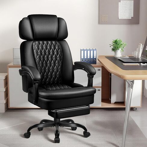 PRETZI Executive Office Chair 400LBS, Ergonomic Office Chair with Foot Rest, Heavy Duty Desk Chair for Home Office, Reclining High Back PU Leather Computer Chair Comfy, Black in Saudi Arabia