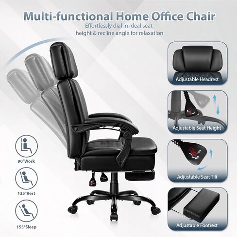 PRETZI Executive Office Chair 400LBS, Ergonomic Office Chair with Foot Rest, Heavy Duty Desk Chair for Home Office, Reclining High Back PU Leather Computer Chair Comfy, Black in Saudi Arabia