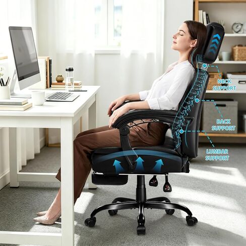 PRETZI Executive Office Chair 400LBS, Ergonomic Office Chair with Foot Rest, Heavy Duty Desk Chair for Home Office, Reclining High Back PU Leather Computer Chair Comfy, Black in Saudi Arabia