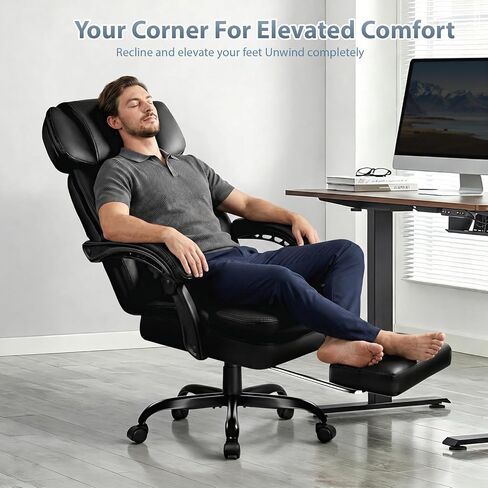 PRETZI Executive Office Chair 400LBS, Ergonomic Office Chair with Foot Rest, Heavy Duty Desk Chair for Home Office, Reclining High Back PU Leather Computer Chair Comfy, Black in Saudi Arabia