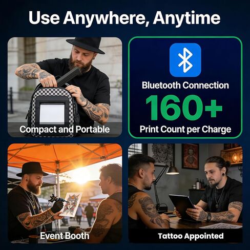 طابعة وشم استنسل C80S، طابعة وشم حرارية لاسلكية مع 10 أوراق نقل، متوافقة مع هواتف Android وiOS/الكمبيوتر اللوحي والكمبيوتر الشخصي، وطابعات الوشم لفناني الوشم والمبتدئين (أسود) in Kuwait
