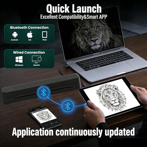 طابعة وشم استنسل C80S، طابعة وشم حرارية لاسلكية مع 10 أوراق نقل، متوافقة مع هواتف Android وiOS/الكمبيوتر اللوحي والكمبيوتر الشخصي، وطابعات الوشم لفناني الوشم والمبتدئين (أسود) in Kuwait