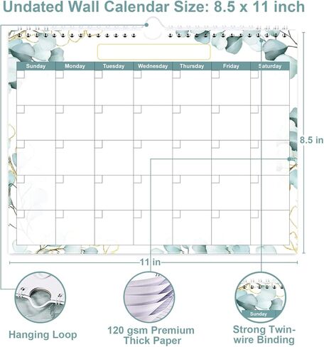 Undated Wall Calendar for 2026 or Any Year - Calendar Planner for Home, Office, Classroom, School, 12 Months Calendar with Thick Paper, 8.5" x 12", Green Leaf in Saudi Arabia