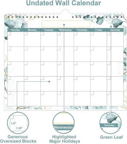 Undated Wall Calendar for 2026 or Any Year - Calendar Planner for Home, Office, Classroom, School, 12 Months Calendar with Thick Paper, 8.5" x 12", Green Leaf in Saudi Arabia