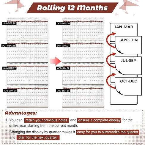 Motiskyy 2026-2029 Yearly Wall Calendar 3-month Calendar Yearly Planner Quarterly Move a Page Rolling 12 Months Julian Date July 2026 to December 2029 Plan Big Goals 36" x 17" in Kuwait