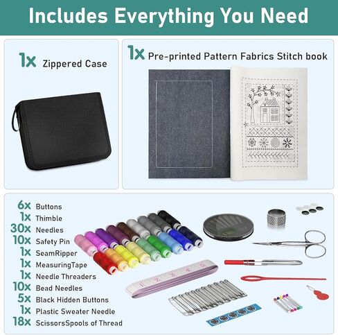 New Embroidery Stitch Book Kit for Adults & DIY Craft Lovers,Portable Embroidery Kit for Beginners Enthusiasts,Includes Guide to 106 Patterns with Tools & Tutorials and 86-Piece Sewing Tool Kit(1 Set) in Saudi Arabia