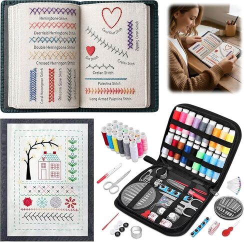 New Embroidery Stitch Book Kit for Adults & DIY Craft Lovers,Portable Embroidery Kit for Beginners Enthusiasts,Includes Guide to 106 Patterns with Tools & Tutorials and 86-Piece Sewing Tool Kit(1 Set) in Saudi Arabia