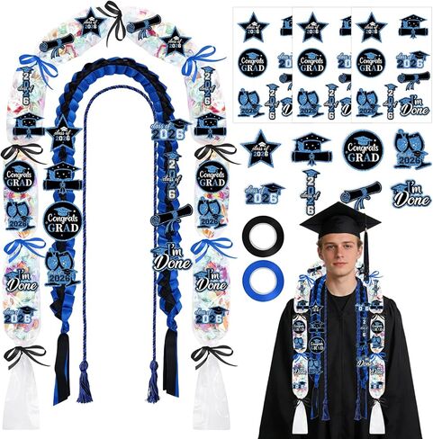 Graduation Candy Leis 2026-16 Pcs Class of 2026 Candy Lei Kit with Honor Cord Patches Cards Ribbon Double Necklace Graduation Gifts for Women Men Grad Party Accessories（Green Gold） in Saudi Arabia