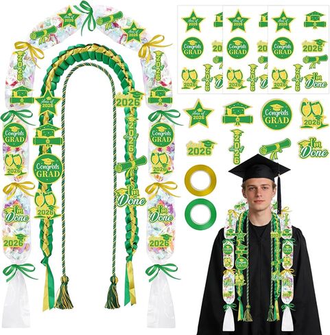 Graduation Candy Leis 2026-16 Pcs Class of 2026 Candy Lei Kit with Honor Cord Patches Cards Ribbon Double Necklace Graduation Gifts for Women Men Grad Party Accessories（Green Gold） in Saudi Arabia