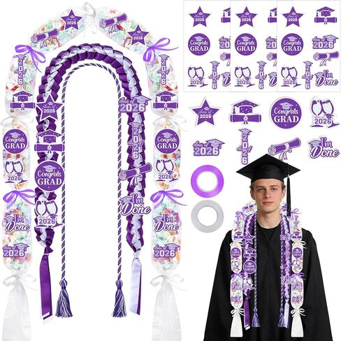 Graduation Candy Leis 2026-16 Pcs Class of 2026 Candy Lei Kit with Honor Cord Patches Cards Ribbon Double Necklace Graduation Gifts for Women Men Grad Party Accessories（Green Gold） in Saudi Arabia