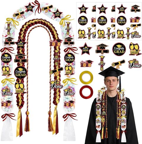 Graduation Candy Leis 2026-16 Pcs Class of 2026 Candy Lei Kit with Honor Cord Patches Cards Ribbon Double Necklace Graduation Gifts for Women Men Grad Party Accessories（Green Gold） in Saudi Arabia