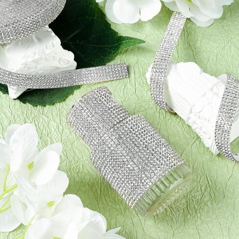 5 Yards Adhesive Rhinestone Ribbons, Silver Glitter Rhinestone Strips, Crystal Diamond Ribbon Roll Stickers for DIY Crafts Clothes Car Gift Wrap Decorations in Saudi Arabia