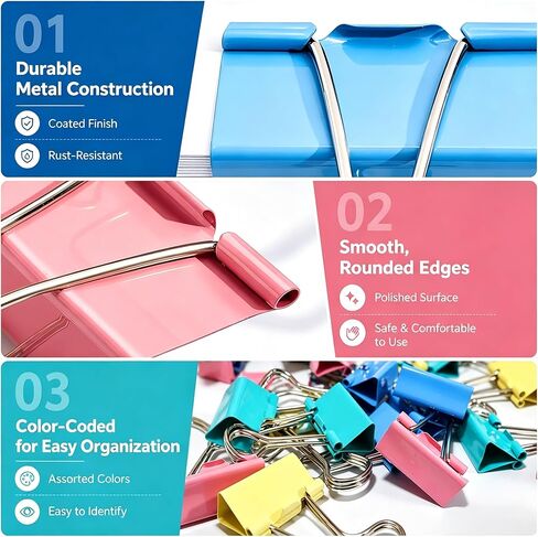 100 Pcs Colored Binder Clips Assorted Sizes, Metal Paper Clamps in Vibrant Green, Pink, Yellow, Blue for Office, School, Home Supplies in Saudi Arabia