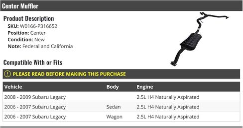 Center Muffler - Compatible with 2006-2009 Subaru Legacy 2.5L H4 Naturally Aspirated in Kuwait
