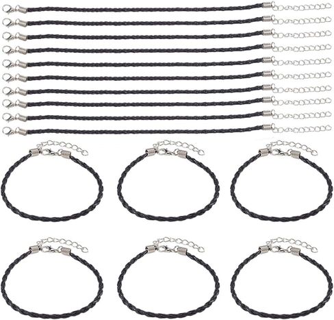 40Pcs Bracelet Cords with Clasp Bracelet Cord Bulk Black 3mm Braided Imitation Leather Lace Plaited Trendy Iron Clasp Extended Chains Ropes Accessory for Jewelry Making Bracelets DIY Crafts in Kuwait