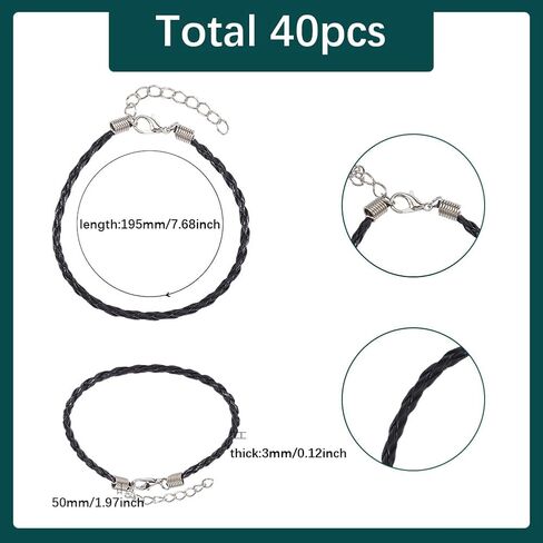 40Pcs Bracelet Cords with Clasp Bracelet Cord Bulk Black 3mm Braided Imitation Leather Lace Plaited Trendy Iron Clasp Extended Chains Ropes Accessory for Jewelry Making Bracelets DIY Crafts in Kuwait