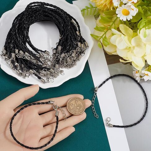 40Pcs Bracelet Cords with Clasp Bracelet Cord Bulk Black 3mm Braided Imitation Leather Lace Plaited Trendy Iron Clasp Extended Chains Ropes Accessory for Jewelry Making Bracelets DIY Crafts in Kuwait