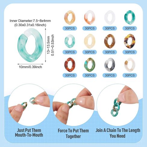 360Pcs Transparent Acrylic Chain Links 12 Colors Vintage Twist Quick Link Connectors Imitation Gemstone Open Linking Rings for Earring Necklace Jewelry Pocket Chain DIY Craft Making in Saudi Arabia