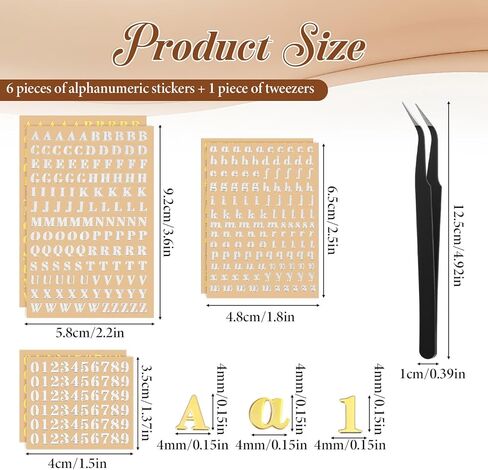 6 Sheets 4.5mm Letter Stickers with Stainless Steel Tweezer, Mini Alphabet Stickers Glitter Self Adhesive Mini Number Sticker for DIY Craft Scrapbook Decoration Nail Keyboard (Gold, Silver) in Kuwait