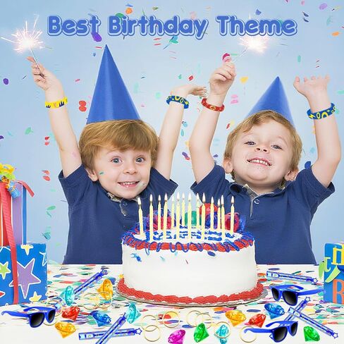 70Pcs Blue Birthday Party Favors, Glasses, Wristbands, Bubbles, Gift Bags, Gold Round Power Rings, Diamond Gems Theme Decorations Supplies Stuffers Gifts Pirate Treasure Chest Hunt with Bag in Saudi Arabia