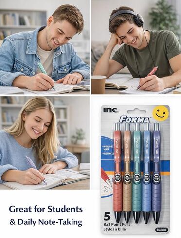 Retractable Ballpoint Pens, Black Ink, 1.0 mm, Comfort Grip, Assorted Colors, 5 Pack in Saudi Arabia