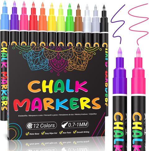 KERIFI Liquid Chalk Markers, Chalk Pens Fine Tip, 12 Vibrant Colors, Wet Erase Markers Fine Point 1mm, Chalk Markers for Blackboard, Glass, Windows, Bistro, 45 Chalkboard Labels Included in Saudi Arabia