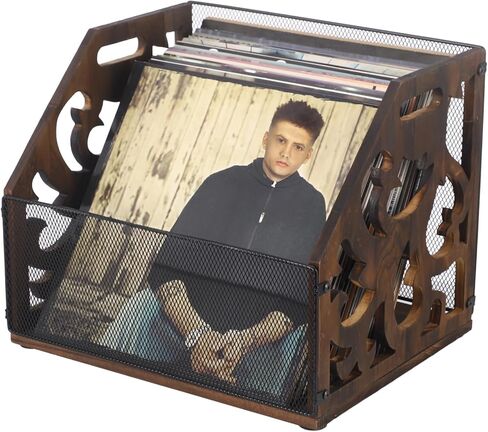 Vinyl Record Storage Crate, Vintage Wood Metal Record Holder, LP Record Storage Organizer with Handles, Vinyl Record Rack Album Holder for Desktop, Rustic Record Storage Box in Saudi Arabia