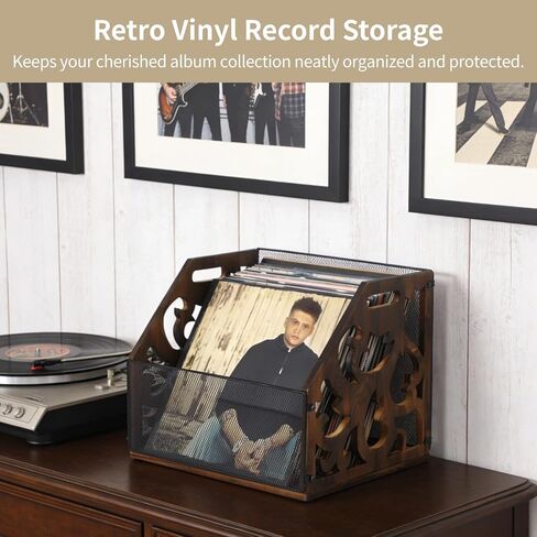 Vinyl Record Storage Crate, Vintage Wood Metal Record Holder, LP Record Storage Organizer with Handles, Vinyl Record Rack Album Holder for Desktop, Rustic Record Storage Box in Saudi Arabia