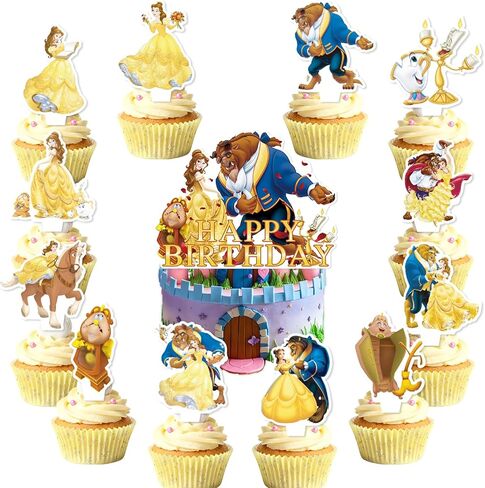25Pcs Beauty and the Beast Birthday Party Supplies Pack Includes 1 Cake Topper 24 Cupcake Toppers for Beauty and the Beast Party Supplies in Saudi Arabia