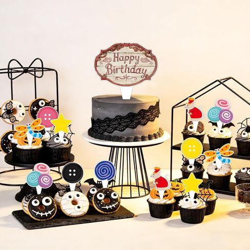 25Pcs Button Birthday Party Cupcake Toppers Colorful Button Eye Cake Picks Happy Birthday Cupcake Topper Horror Cartoon Movie Cake Decorations for Halloween Birthdays Party Baby Shower Decorations in Kuwait