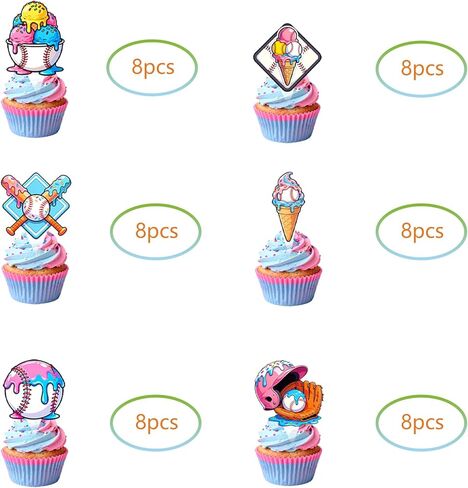 48 Pcs Baseball Ice Cream Party Cupcake Toppers for Baseball Ice Cream Birthday Baby Shower Party Decorations in Saudi Arabia