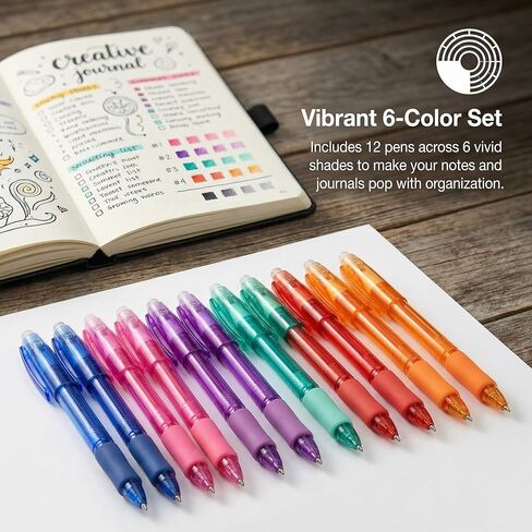 VILMA Erasable Gel Pens with Caps, 0.7mm Medium Point Fine Tip, Corlored Gel Ink Pens Erasable,6 Assorted Vibrant Colors for Note Taking, Planner, and Office Supplies, 12 Pack in Saudi Arabia