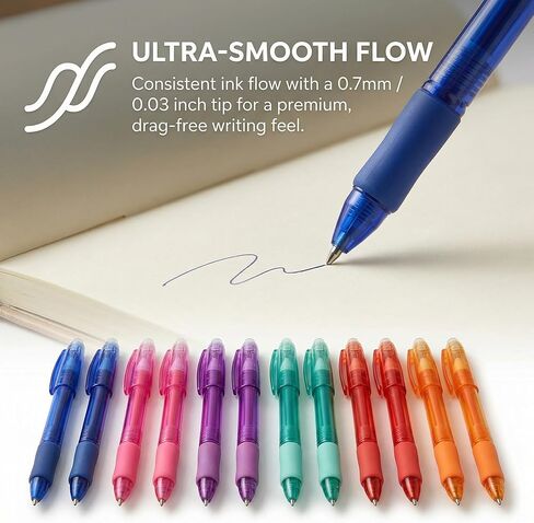 VILMA Erasable Gel Pens with Caps, 0.7mm Medium Point Fine Tip, Corlored Gel Ink Pens Erasable,6 Assorted Vibrant Colors for Note Taking, Planner, and Office Supplies, 12 Pack in Saudi Arabia