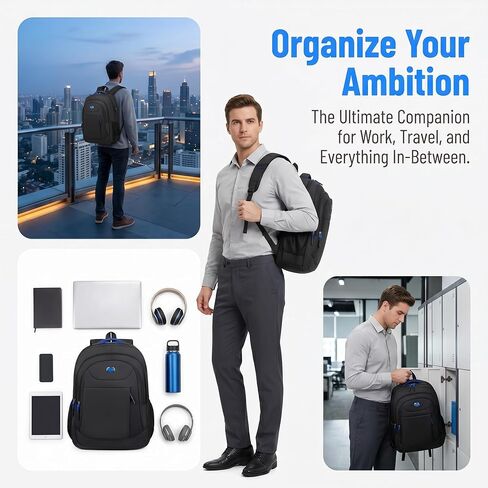 Large Capacity Laptop Backpack for Men and Women Waterproof Business Travel Backpack with Reflective Strips Multiple Compartments Casual Stylish Outdoor Daypack -Blue in Kuwait