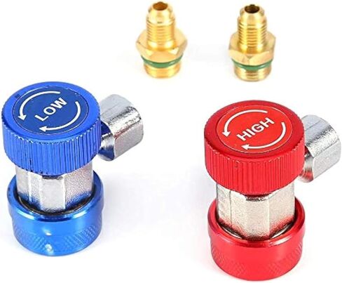 R134A مقرنة سريعة، النحاس والمعادن قابل للتعديل عالية / منخفضة AC R134a محول التجهيزات مع 1/4 بوصة ذكر مضيئة لتكييف الهواء المبردات AC تحويل خرطوم المنوع قياس، 1.85 × 1.18 بوصة in Kuwait