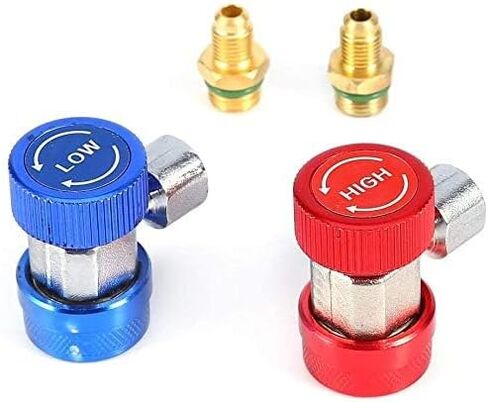 R134A مقرنة سريعة، النحاس والمعادن قابل للتعديل عالية / منخفضة AC R134a محول التجهيزات مع 1/4 بوصة ذكر مضيئة لتكييف الهواء المبردات AC تحويل خرطوم المنوع قياس، 1.85 × 1.18 بوصة in Kuwait
