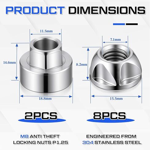 10 Pcs M8 Anti Theft Locking Nuts P1.25, 304 Stainless Steel Security Hardware Kit (8 Locks + 2 Keys), for LED Light Bar, Bike, Car Accessories, Awning & Mounting Hardware in Kuwait